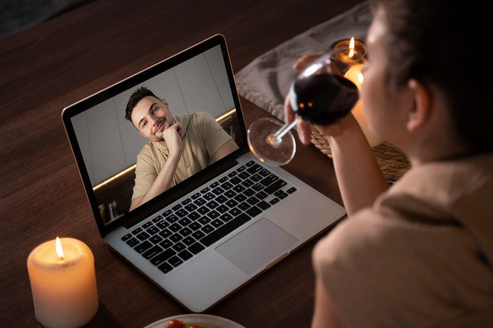 une femme boit un verre de vin en visio avec un homme sur son ordinateur