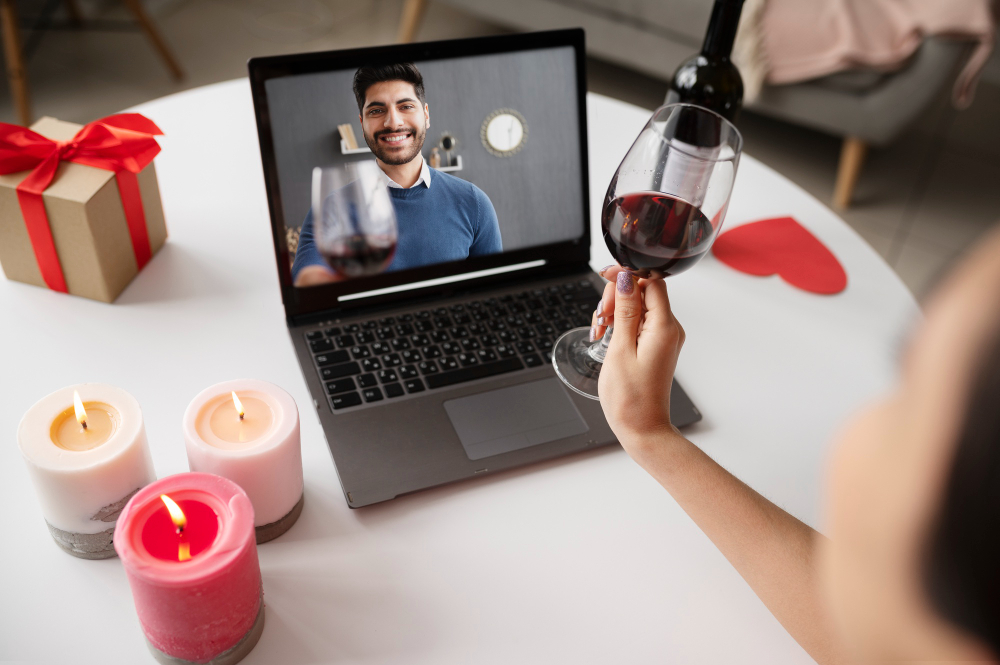 couple avec un verre de vin en visioconférence