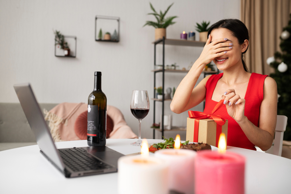 Femme avec une bouteille de vin devant son ordinateur