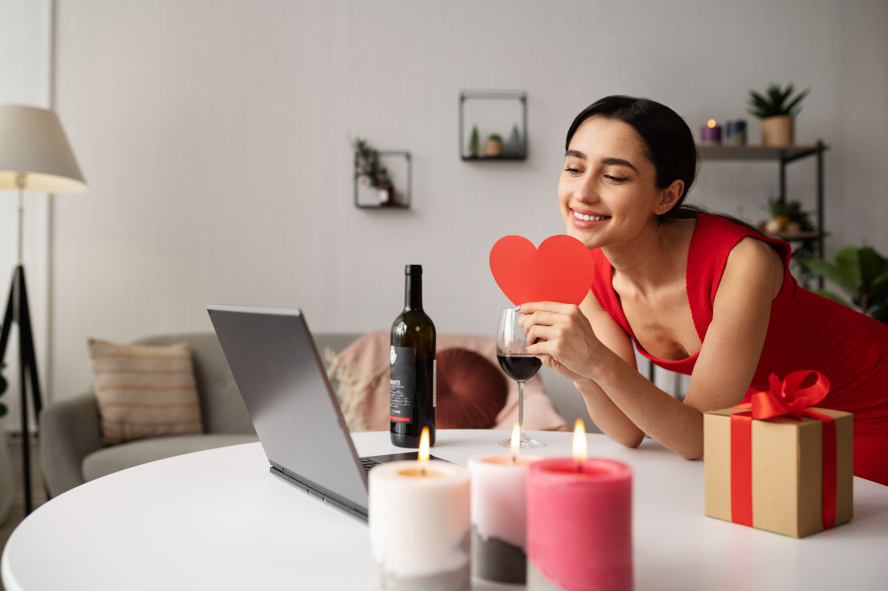 femme avec un coeur devant son ordinateur