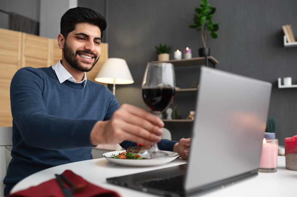 un homme avec un verre de vin devant son ordinateur